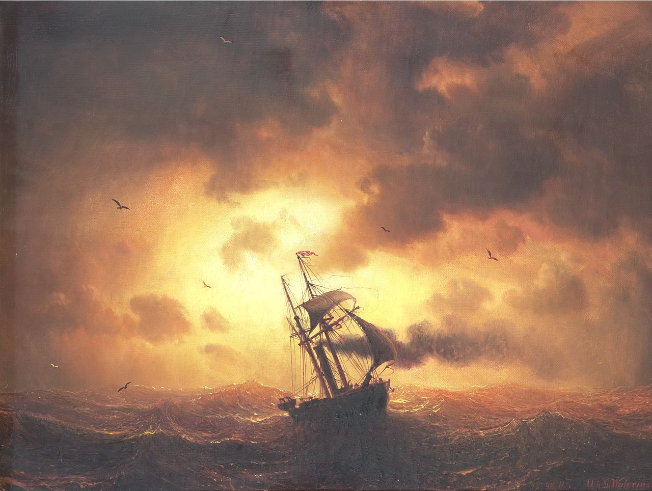 Steamship in Sunset, vintage artwork by Marcus Larson, 12x8" (A4) Poster