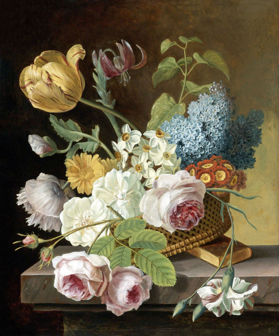 Flower still life with roses, tulips, narcissi, and other flowers in a basket on a ledge, vintage artwork by Jan Frans van Dael, 12x8" (A4) Poster