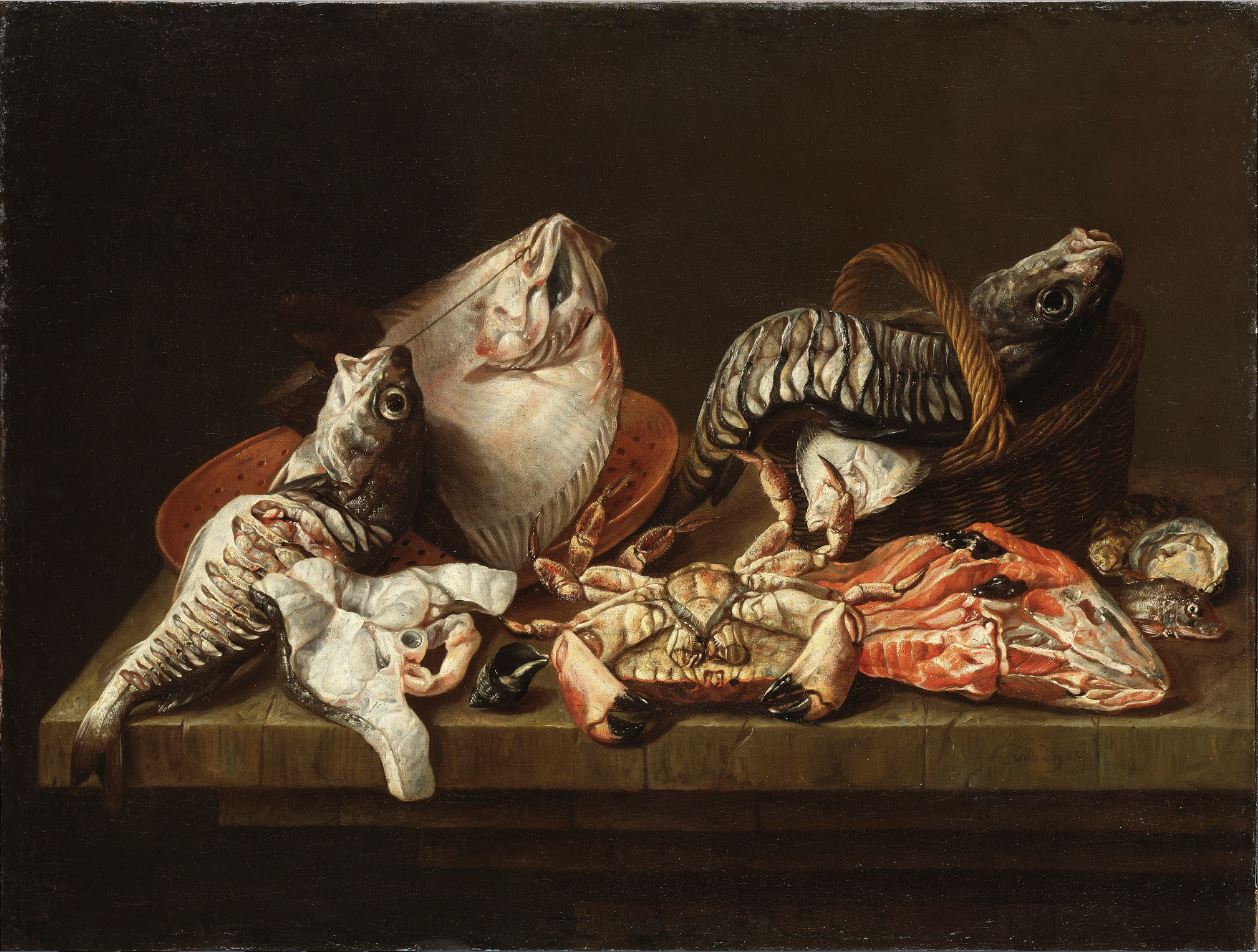 Still Life with Fishes, a Crab and Oysters, vintage artwork by Isaac van Duynen, 12x8" (A4) Poster