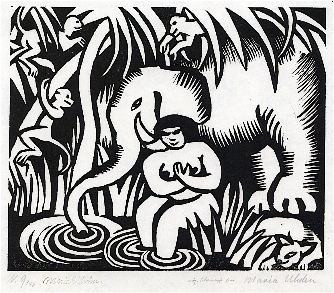 Elephant at the Water, vintage artwork by Maria Uhden, 12x8" (A4) Poster