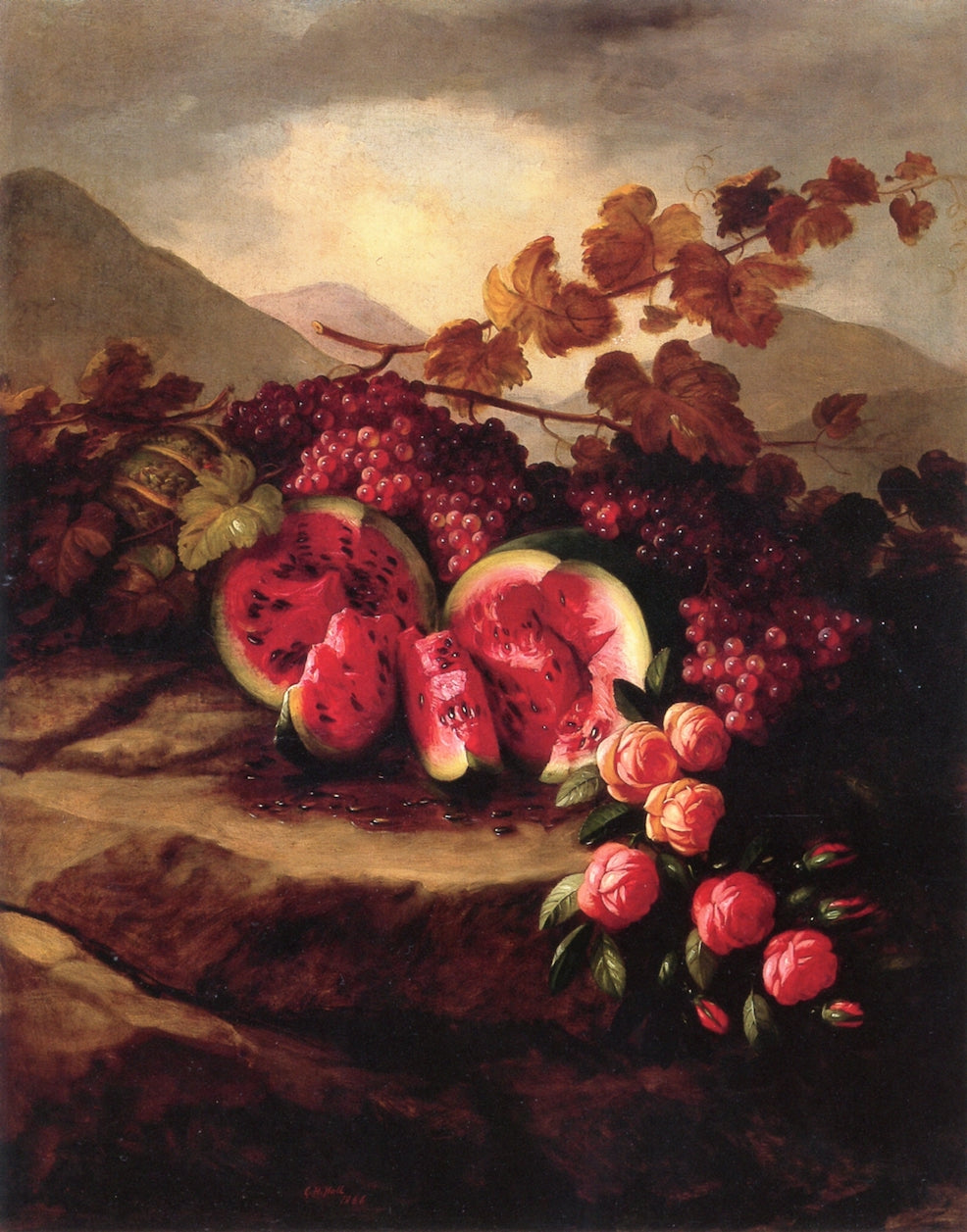 Still Life with Watermelon, Grapes and Flowers, vintage artwork by George Henry Hall, 12x8" (A4) Poster