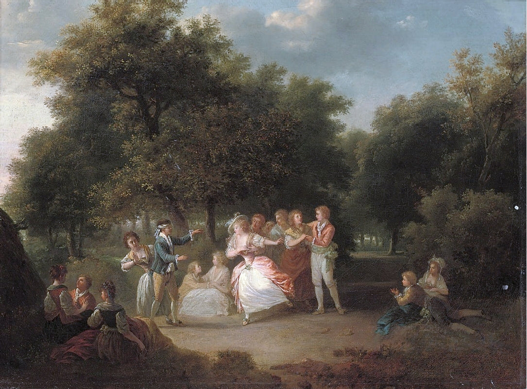 Elegant Company Playing Blind Man's Buff in a Wooded Landscape, vintage artwork by Jean-Frederic Schall, 12x8" (A4) Poster