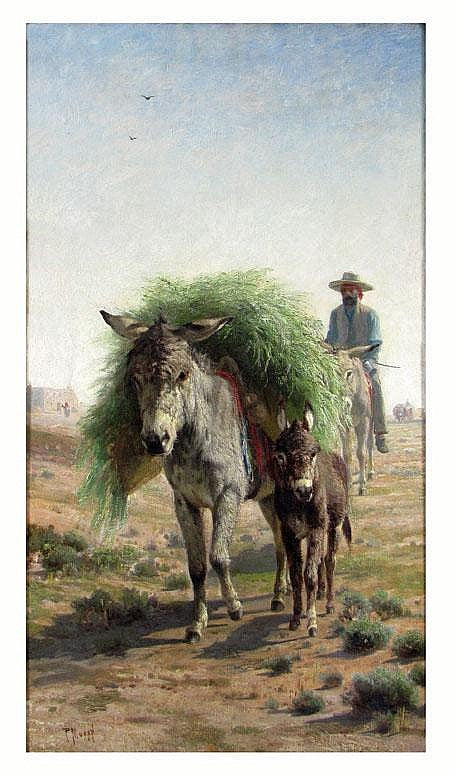Southwestern scene with donkey loaded with harvest, and rider, vintage artwork by Peter Moran, 12x8" (A4) Poster