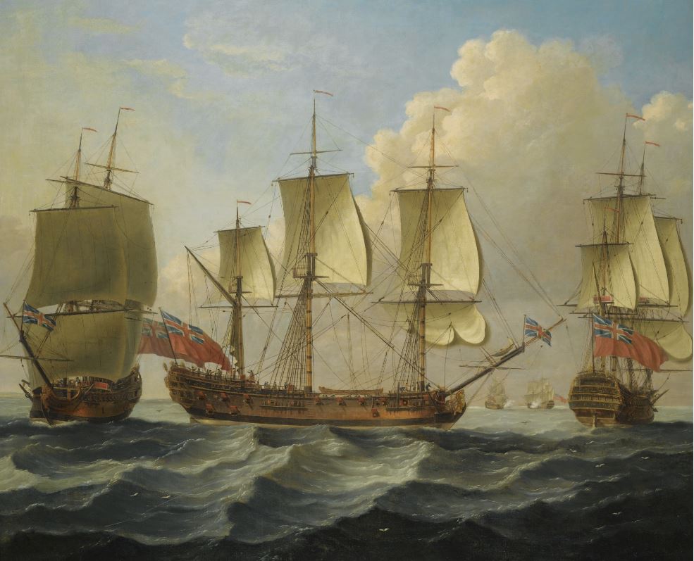 An East Indiaman in Three Positions, vintage artwork by John Cleveley the Elder, 12x8" (A4) Poster