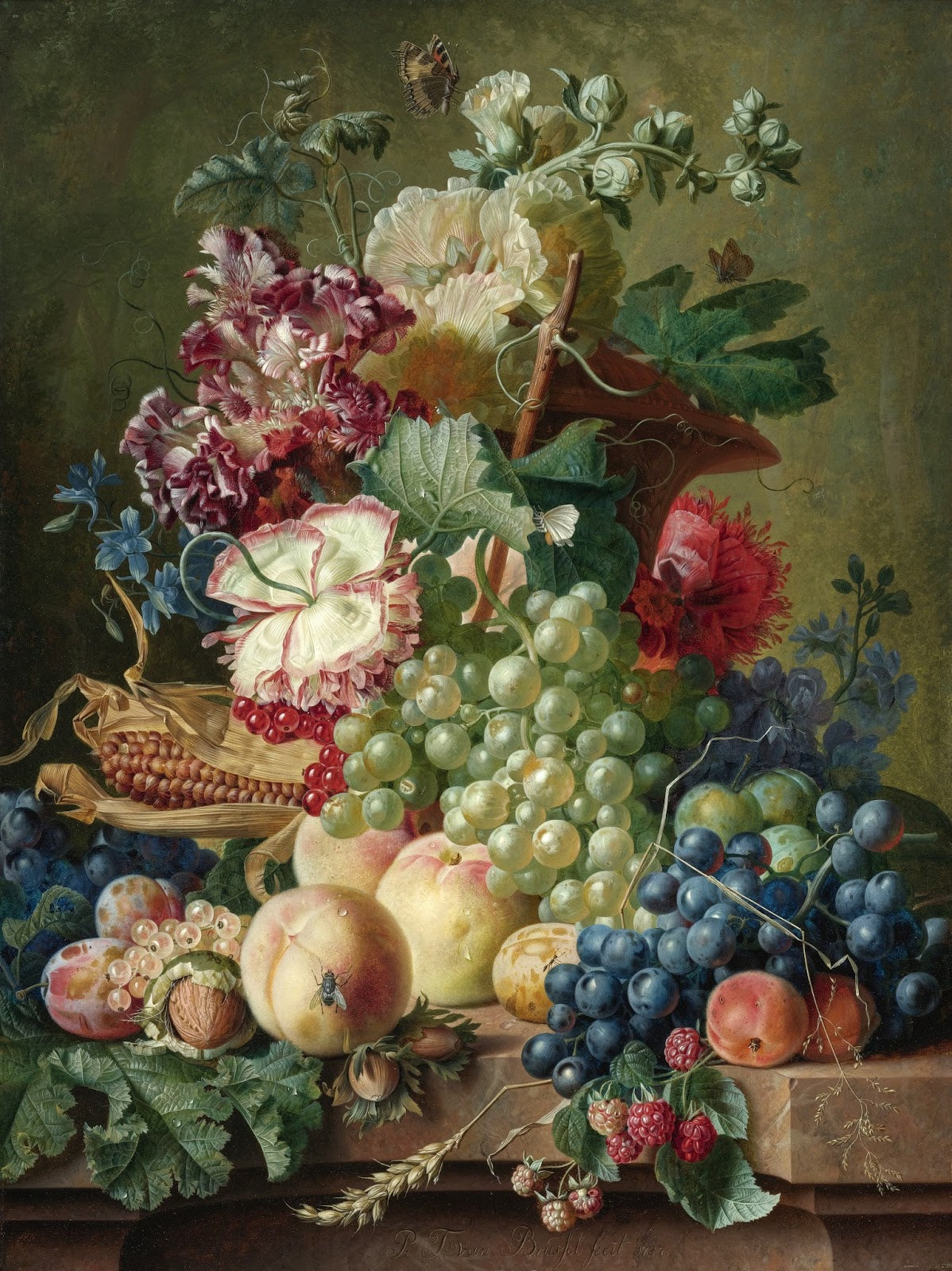 A Still Life of Flowers and Fruit, vintage artwork by Paul Theodor van Brussel, 12x8" (A4) Poster