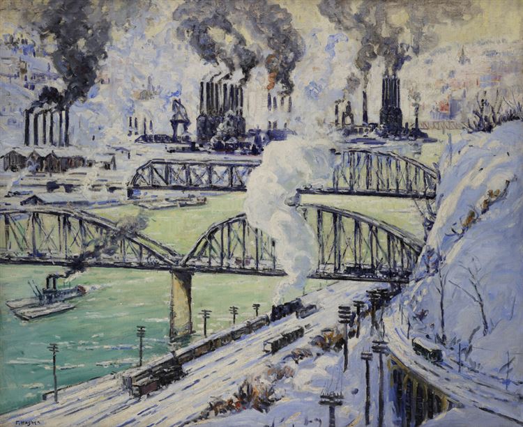 Steel Mills, Pittsburgh, PA, vintage artwork by Frederick (Fred) R. Wagner, 12x8" (A4) Poster
