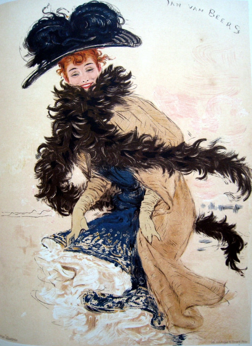 Smiling woman wearing boa, vintage artwork by Jan van Beers, 12x8" (A4) Poster