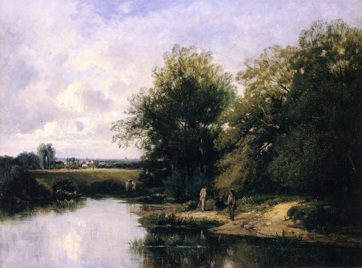 Summer Landscape with Fishermen, vintage artwork by Francois Adolphe Grison, 12x8" (A4) Poster