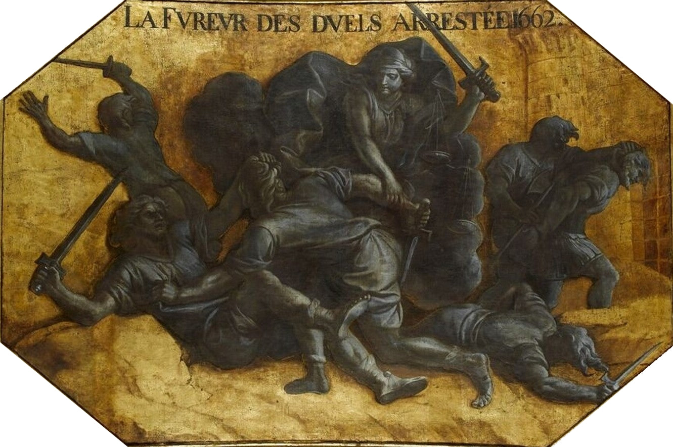Hall of Mirrors 08 - The Fury of the Duels Stopped, 1662, vintage artwork by Charles Le Brun, 12x8" (A4) Poster