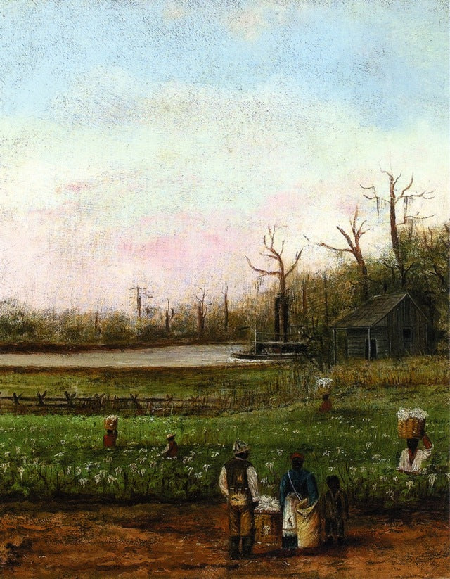 Cottonfield with Bayou, Steamboat, Road, Cabin and Fieldhands, vintage artwork by William Aiken Walker, 12x8" (A4) Poster