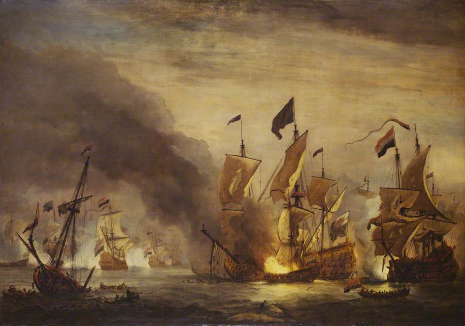 The Burning of HMS 'Royal James' at the Battle of Solebay, 28 May 1672, vintage artwork by Willem van de Velde the Younger, 12x8" (A4) Poster