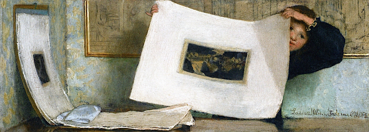 Anna Alma-Tadema Leafing through a Portfolio of Prints, vintage artwork by Laura Theresa Alma-Tadema, 12x8" (A4) Poster