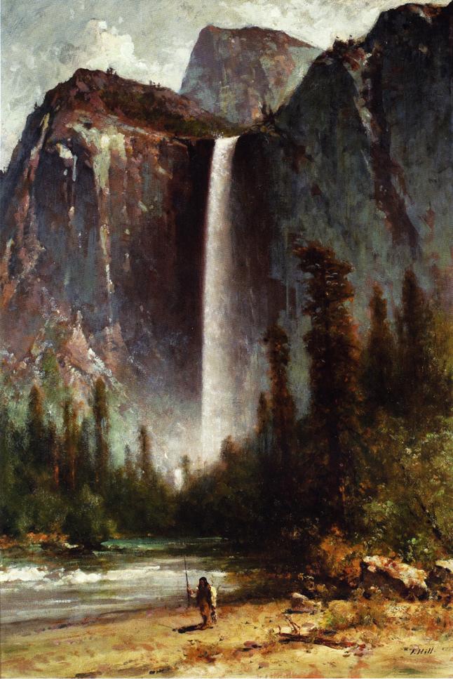 Ahwahneechee - Piute Indian at Bridal Veil Falls, Yosemite, vintage artwork by Thomas Hill, 12x8" (A4) Poster
