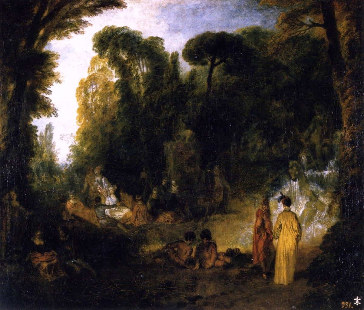 Gathering by the Fountain of Neptune, vintage artwork by Jean-Antoine Watteau, 12x8" (A4) Poster