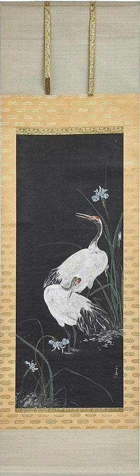 Two Cranes Standing in Water next to Blue Irises at Night, vintage artwork by Shiba Kokan, 12x8" (A4) Poster
