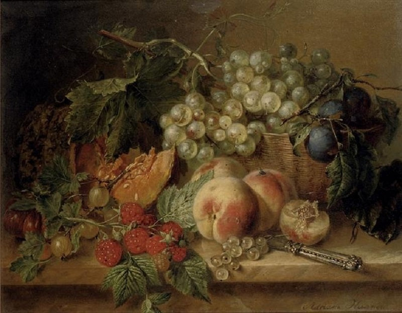 Grapes, plums, peaches, raspberries, gooseberries and a pumpkin on a marble ledge, vintage artwork by Adriana Johanna Haanen, A3 (16x12") Poster Print