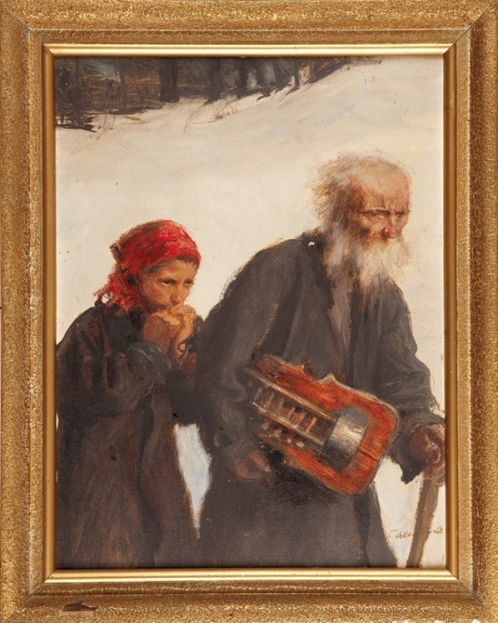 Old Musician with a Girl, vintage artwork by Theodor Axentowicz, 12x8" (A4) Poster