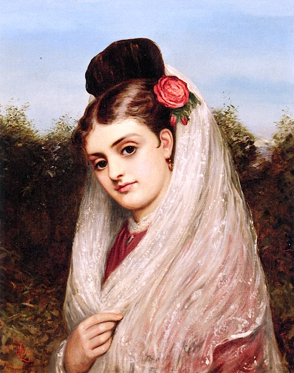 Young Woman in a White Matilla, vintage artwork by Charles Sillem Lidderdale, 12x8" (A4) Poster