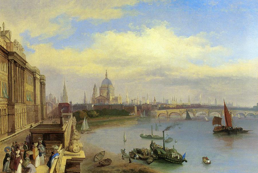 Figures Promenading Outside Somerset House, St. Paul's Cathedral Beyond, vintage artwork by William Parrott, A3 (16x12") Poster Print