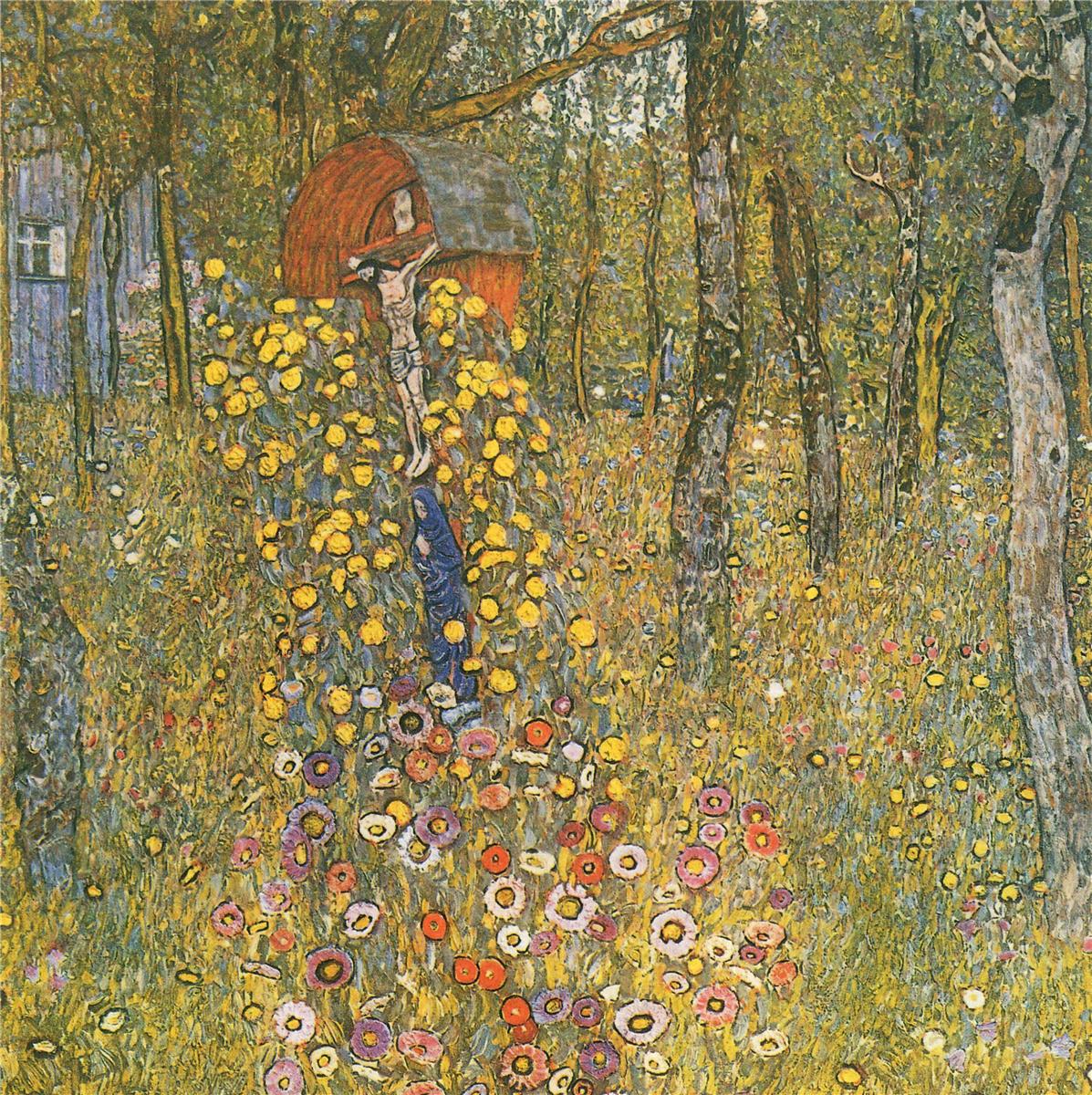 Farm Garden with Crucifix, vintage artwork by Gustav Klimt, 12x8" (A4) Poster