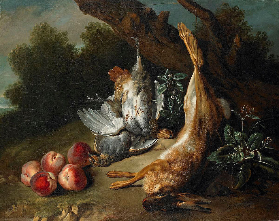Still Life with Dead Game and Peaches in a Landscape, vintage artwork by Jean-Baptiste Oudry, 12x8" (A4) Poster