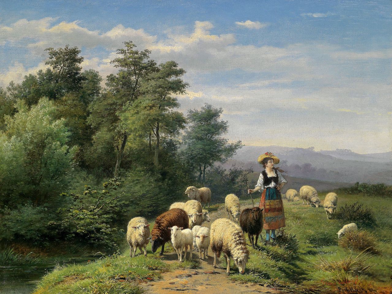 Shepherdess and Flock in an Open Landscape, vintage artwork by Jan Frederik Pieter Portielje, 12x8" (A4) Poster