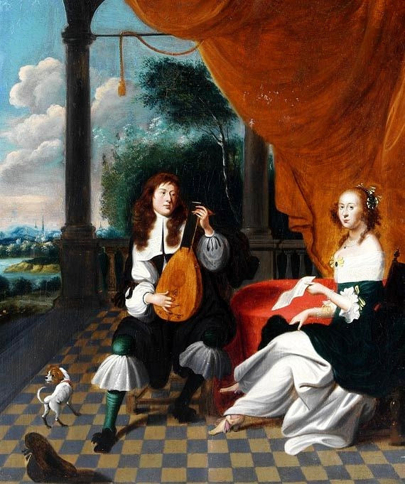 Dame und Kavalier, vintage artwork by Gonzales Coques, 12x8" (A4) Poster