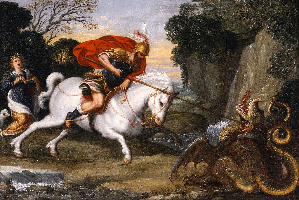 Saint George Defeating the Dragon, vintage artwork by Johann König, 12x8" (A4) Poster