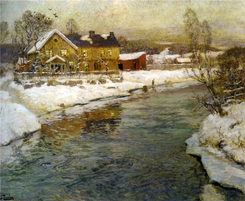 Cottage by a Canal in the Snow, vintage artwork by Fritz Thaulow, 12x8" (A4) Poster