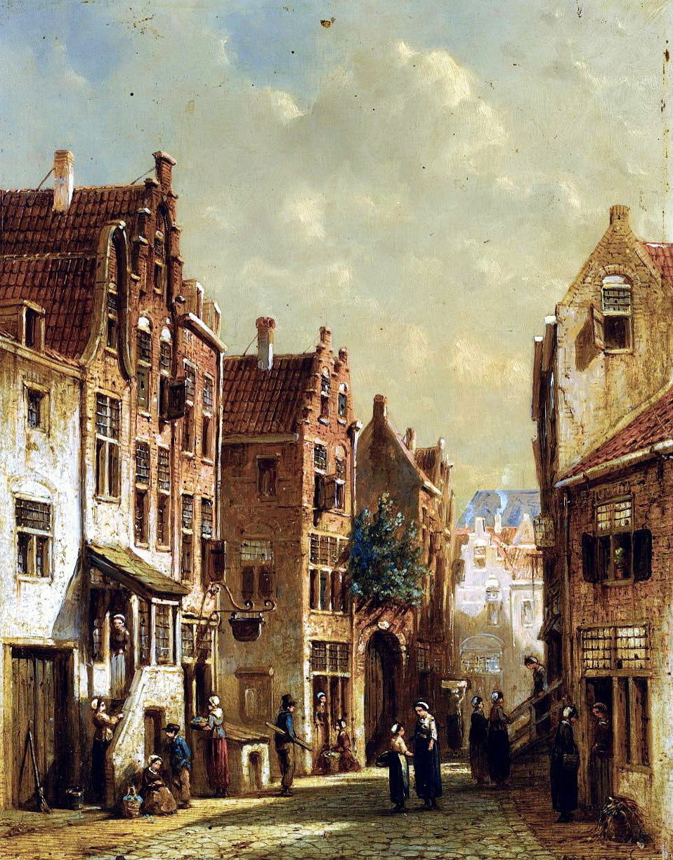 A Town Scene with Figures Conversing, vintage artwork by Petrus Gerardus Vertin, A3 (16x12") Poster Print