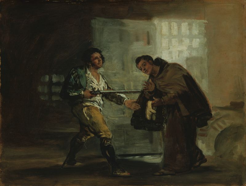 Friar Pedro Offers Shoes to El Maragato and Prepares to Push Aside his Gun, vintage artwork by Francisco de Goya y Lucientes, 12x8" (A4) Poster