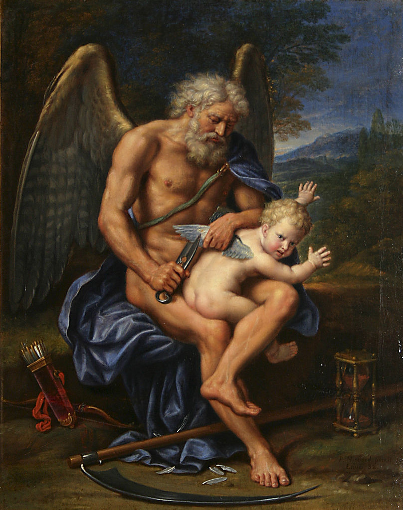 Time clipping Cupid's wings, vintage artwork by Pierre Mignard, 12x8" (A4) Poster