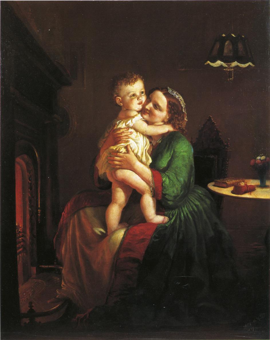 Mother and Child by the Hearth, vintage artwork by Lilly Martin Spencer, 12x8" (A4) Poster