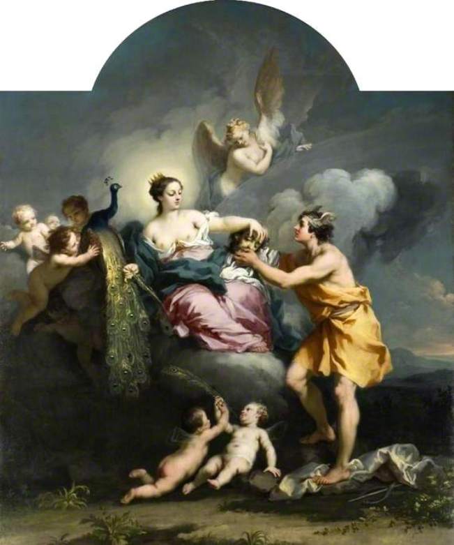 Story of Argus 04, Juno Placing the Eyes of Argus on the Tail of a Peacock, vintage artwork by Jacopo Amigoni, 12x8" (A4) Poster