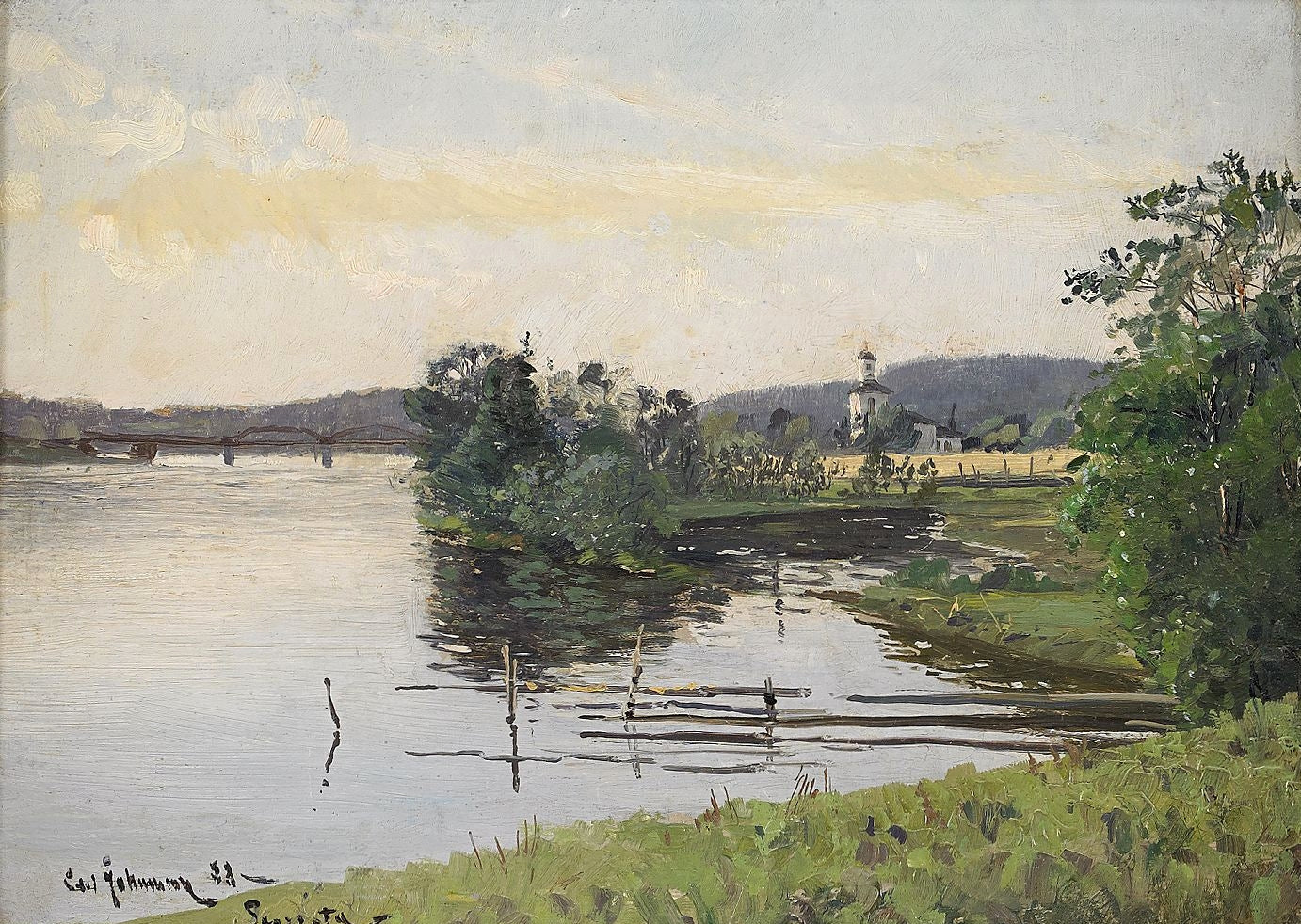 Landscape with Churchn Segersta, vintage artwork by Carl Johansson, 12x8" (A4) Poster