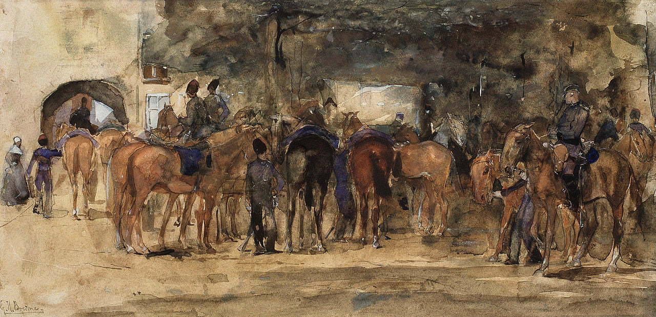 Cavalry Resting on a Square, vintage artwork by George Hendrik Breitner, 12x8" (A4) Poster