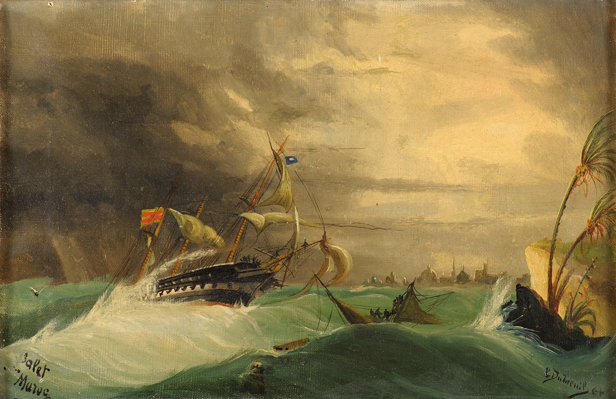 Schooner off the Coast of Morocco, vintage artwork by Charles Dubreuil, 12x8" (A4) Poster