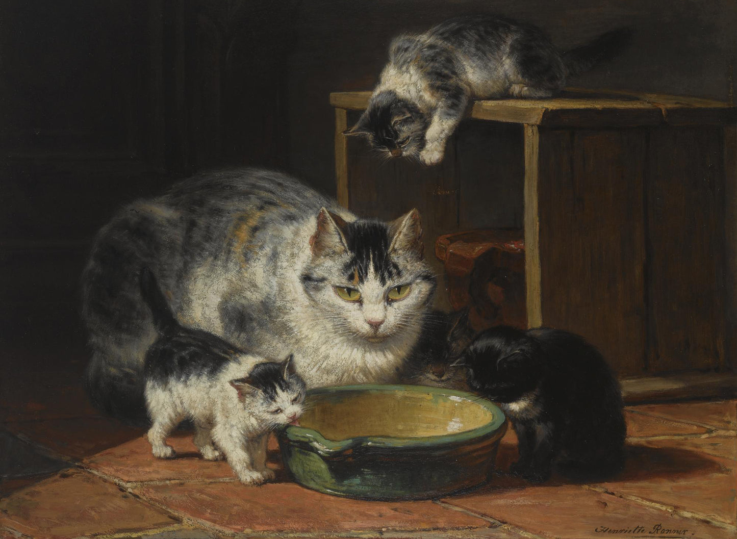 A Mother Cat and Her Kittens, vintage artwork by Henriette Ronner-Knip, A3 (16x12") Poster Print