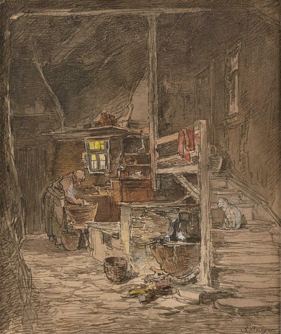 Interior with Peasant Women and Cat, vintage artwork by Anton Burger, 12x8" (A4) Poster