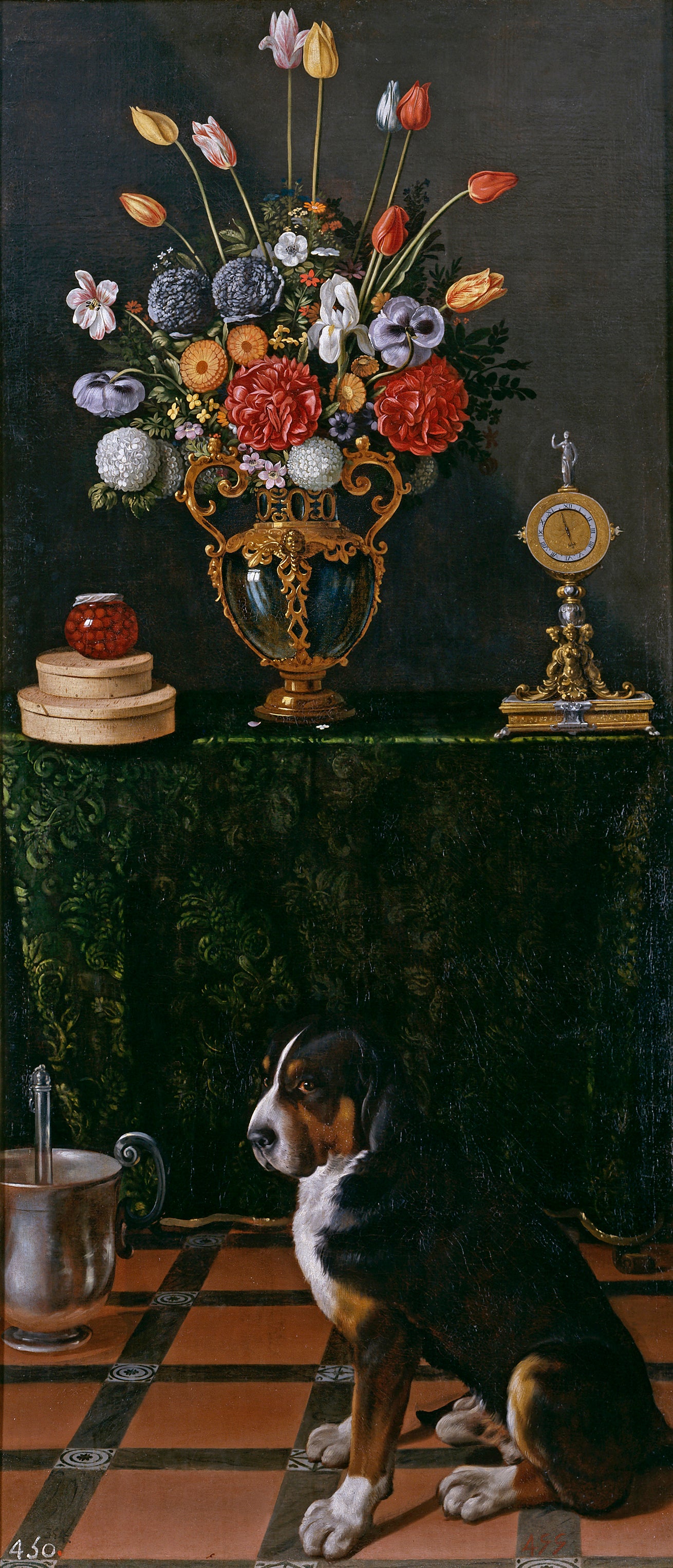 Still Life with Flowers and a Dog (Naturaleza muerta con florero y perro), vintage artwork by Juan van der Hamen, 12x8" (A4) Poster