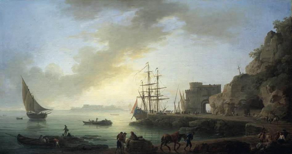 Mediterranean Port at Dawn, vintage artwork by Claude-Joseph Vernet, 12x8" (A4) Poster