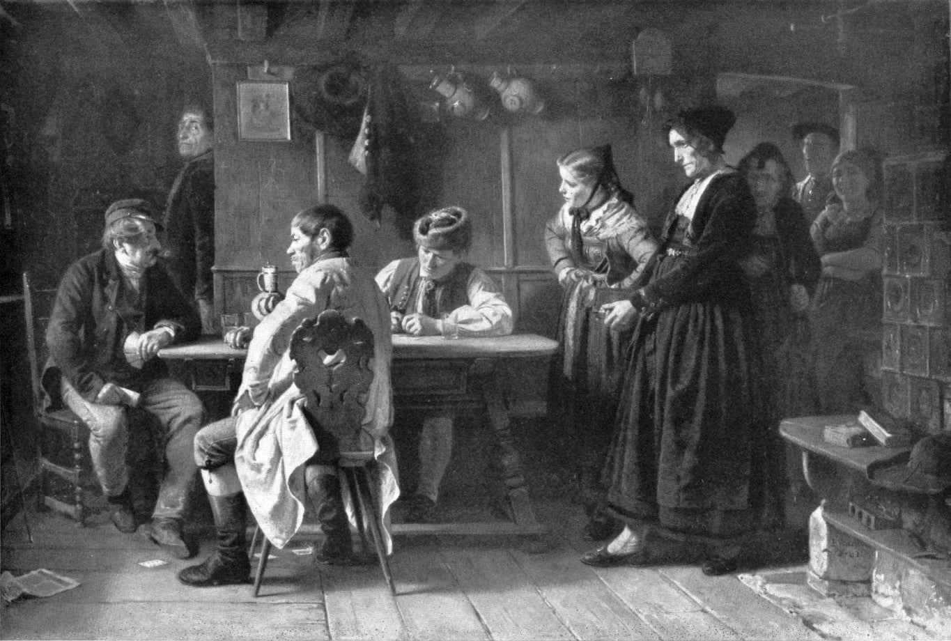 Card-Playing Farmers, startled by their Wifes, vintage artwork by Benjamin Vautier, 12x8" (A4) Poster