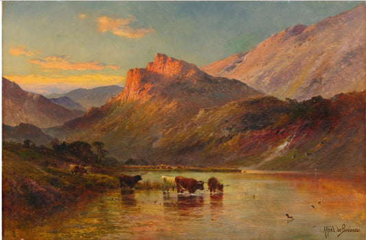 Sunset in the Scottish Highlands, vintage artwork by Alfred de Breanski, Sr., 12x8" (A4) Poster