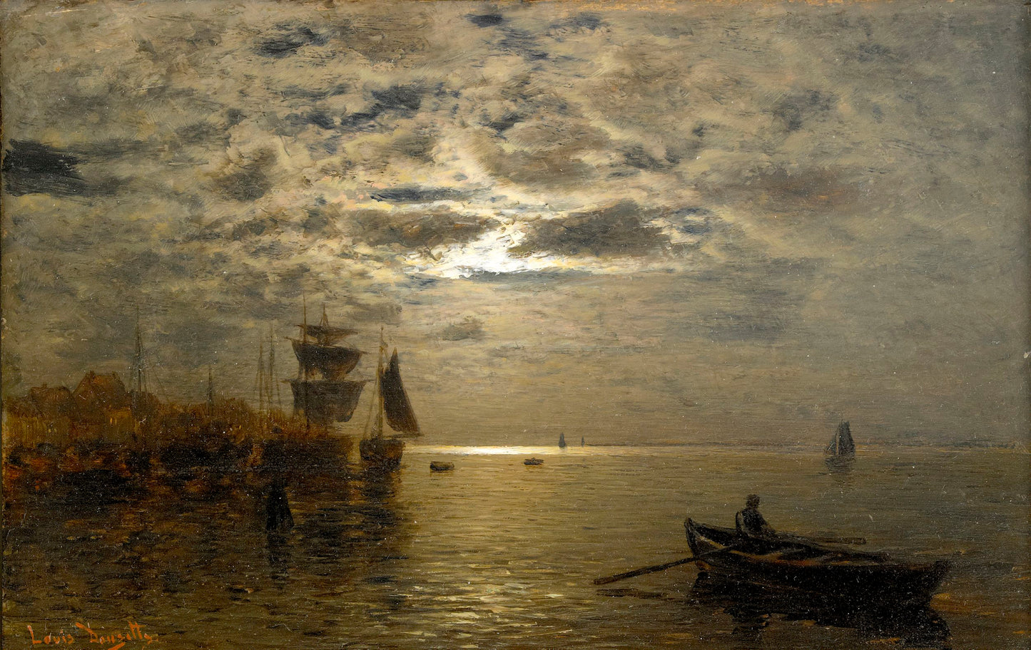 Coastal Landscape in Moonlight, vintage artwork by Louis Douzette, 12x8" (A4) Poster