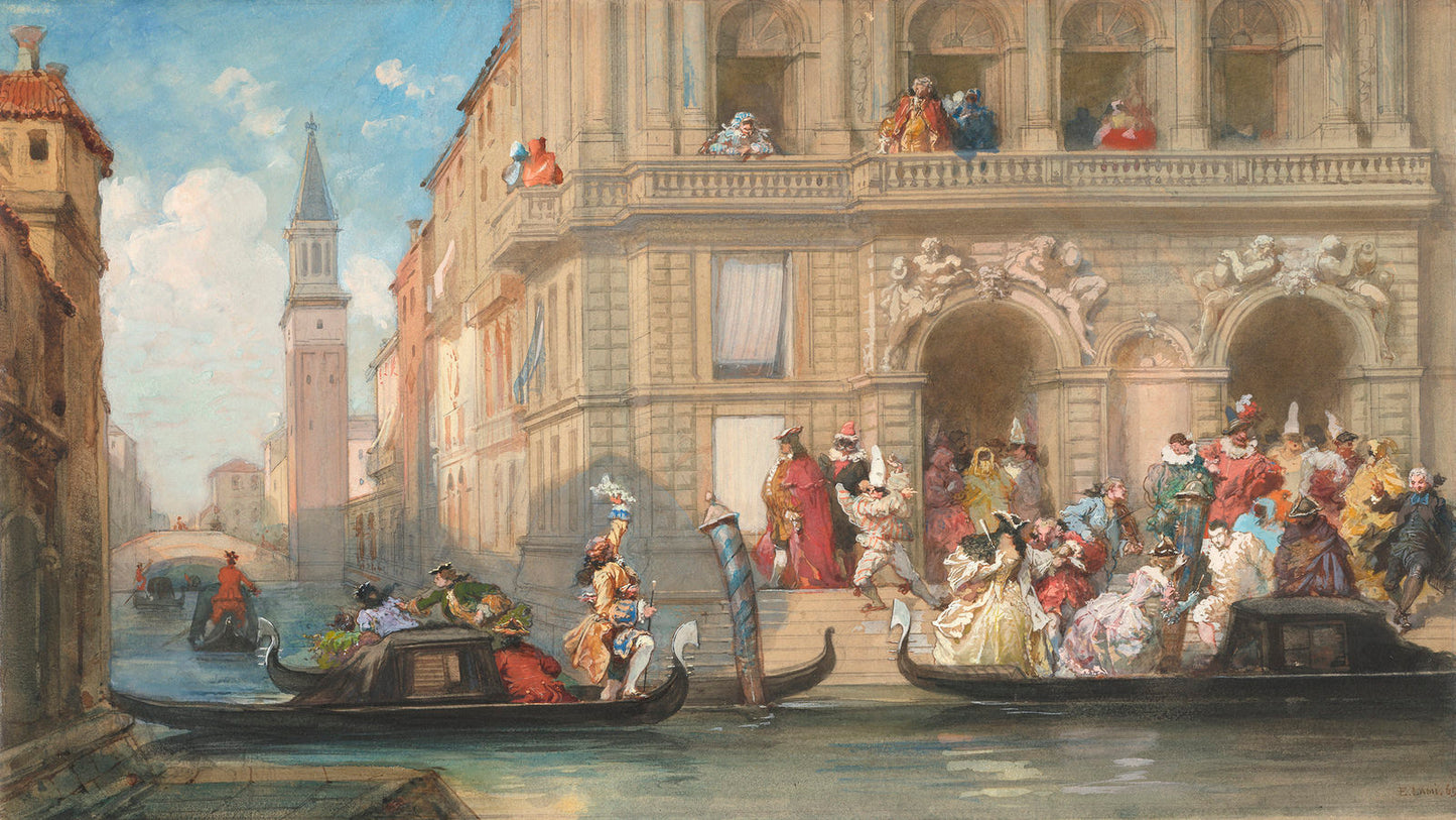 Masqueraders boarding Gondolas before a Venetian Palazzo, vintage artwork by Eugene Louis Lami, A3 (16x12") Poster Print