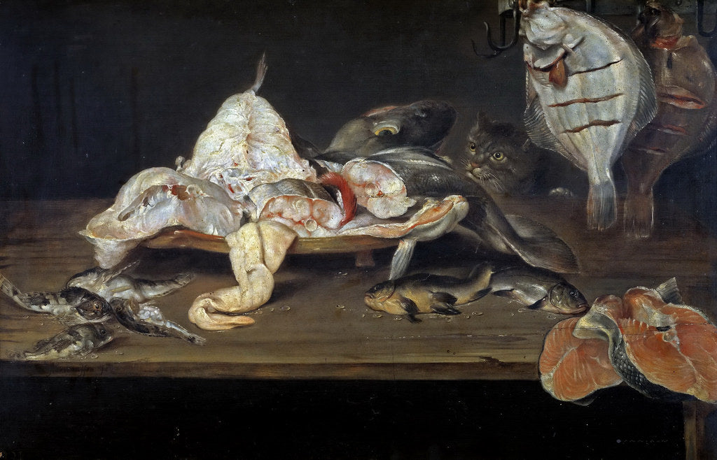 Still life with fish and Cat, vintage artwork by Alexander Adriaenssen, 12x8" (A4) Poster