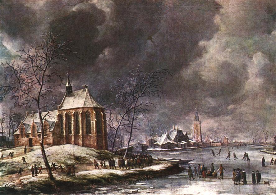 Village of Nieukoop in Winter with Child Funeral, vintage artwork by Jan Abrahamsz Beerstraten, 12x8" (A4) Poster