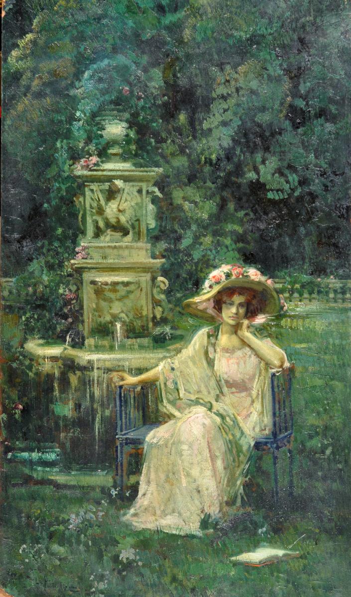 Woman by the Garden Fountain, vintage artwork by Luca Postiglione, 12x8" (A4) Poster