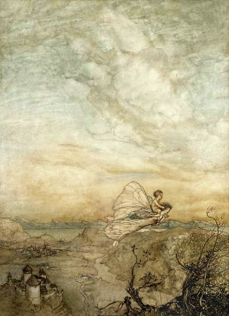 ...her fairy sent To bear him to my bower in fairy land, vintage artwork by Arthur Rackham, 12x8" (A4) Poster