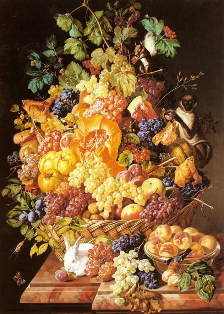 A Basket of Fruit with Animals, vintage artwork by Leopold Zinnogger, A3 (16x12") Poster Print